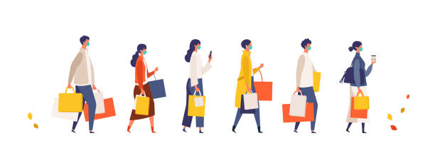 ilustrações de stock, clip art, desenhos animados e ícones de masked people carrying shopping bags at autumn. man and woman taking part in seasonal sale at store, shop, mall on new normal lifestyle. - shopping mask