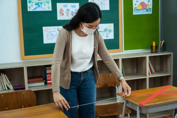 Asian female teacher wearing a face mask measures distances between desks in classroom in primary school. Social distancing policy in education building for Covid19 new normal concept