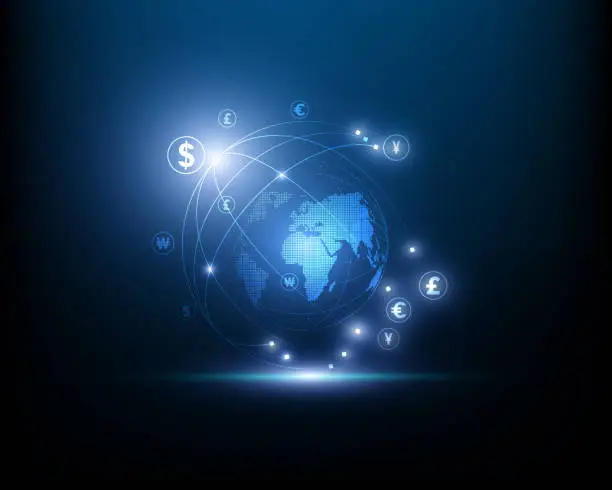 Photo of Currency network connection. world map point and line composition concept of global business. illustration eps10 vector