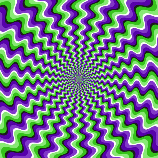 optische bewegung illusion vektor hintergrund. grün lila wellge gestreifte muster bewegen sich um die mitte. - trance stock-grafiken, -clipart, -cartoons und -symbole