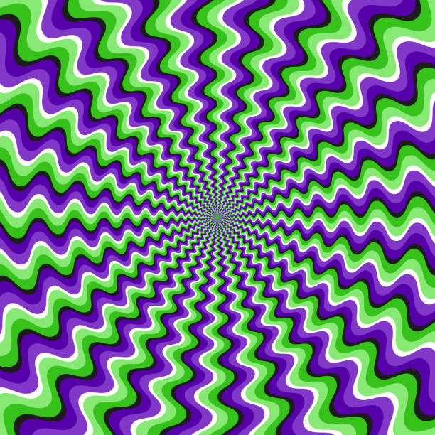 illustrations, cliparts, dessins animés et icônes de fond vectoriel d’illusion de mouvement d’optique. le motif rayé ondulé violet vert se déplace autour du centre. - psychédélique