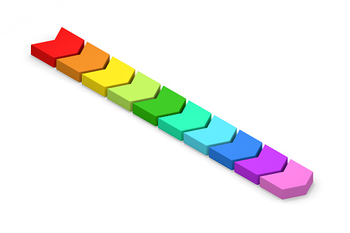 10 different colors. 10 parts. Colorful colors. isometric. A three-dimensional object. Line up in the same direction. 3D rendering