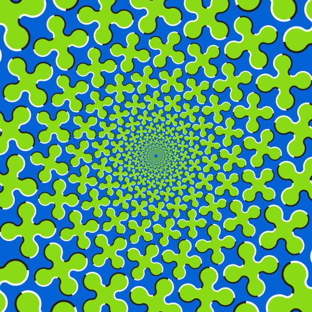 istock Optical motion illusion vector background. Green cruciform shapes move around the center on blue background. 1270175732