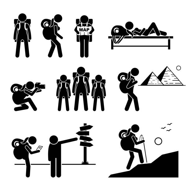 ilustrações de stock, clip art, desenhos animados e ícones de female traveler with backpack going outdoor adventure stick figure icons. - sign camera travel hiking