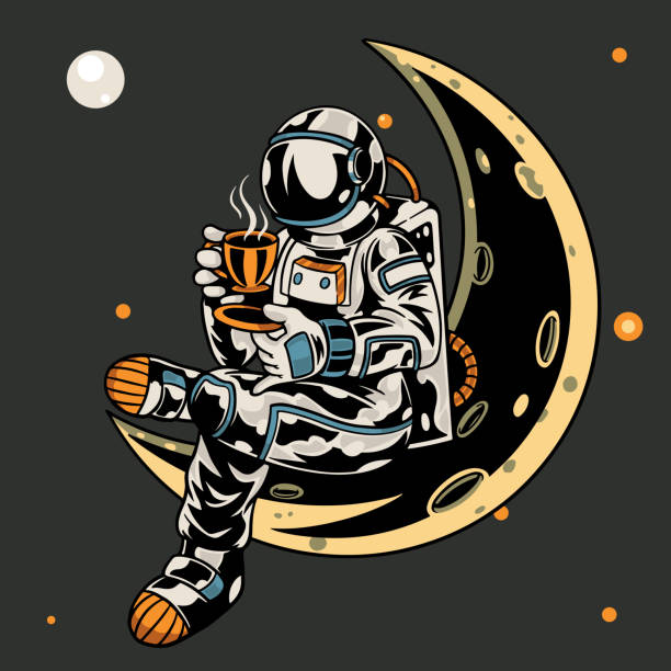 간단한 타이포그래피로 커피 티셔츠와 의류 트렌디한 디자인한 컵을 들고 달에 앉아 있는 우주 비행사는 티셔츠 그래픽, 포스터, 프린트 및 기타 용도에 적합합니다. 벡터 일러스트레이션 - 귀여운 일러스트 stock illustrations