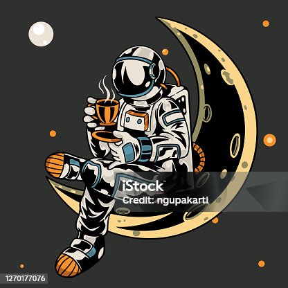 istock Astronaut sitting on the moon while holding a cup of coffee t-shirt and apparel trendy design with simple typography, good for t-shirt graphics, poster, print and other uses. Vector illustration 1270177076