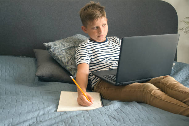 istock Front view portrait of diligent schoolboy writing or drawing, sitting on grey sofa while doing homework. Studying online during quarantine or personal education concept. Personal education plan 1270177106