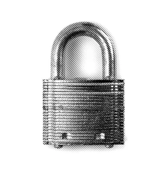 Photo of Padlock on white background with engraving illustration effect