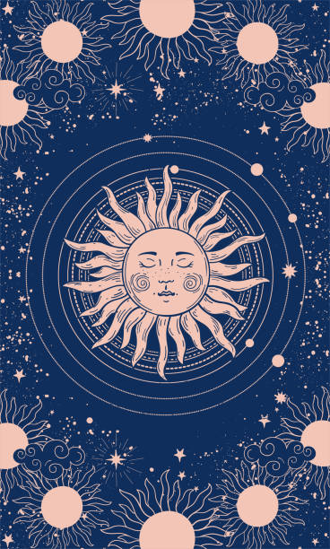 神秘繪圖的占星術或 boho 設計,太陽與藍色背景的臉。神聖的幾何形狀。明信片、海報、封面的向量圖。 - 塔羅牌 幅插畫檔、美工圖案、卡通及圖標