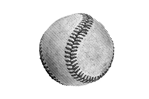 Baseball on white with engraving illustration effect. Line art halftone. \n\nTo remove white background in Photoshop, simply drag image on top of a photo as a new layer. Set Blend Mode to MULTIPLY. Set Blend Mode to DIVIDE to make image white. Explore ALL Blend Modes.  \n\nIt is ideal for quickly adding elements to composite images or solid colors! No clipping paths or masking needed!