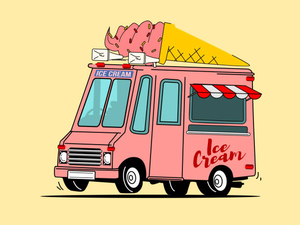 ilustrações, clipart, desenhos animados e ícones de caminhão de comida. bonito sorvete van desproporcional desenho animado ilustração vetorial - ice cream truck