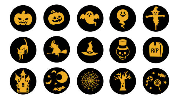 halloween-symbol-set - halloween witch domestic cat frame stock-grafiken, -clipart, -cartoons und -symbole