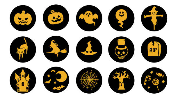 illustrazioni stock, clip art, cartoni animati e icone di tendenza di set di icone di halloween - halloween witch domestic cat frame