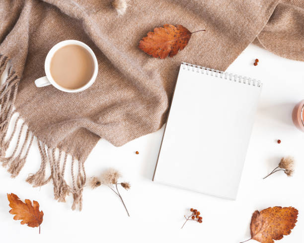 istock Autumn composition. Cup of coffee, plaid, notepad, autumn leaves on white background. Flat lay, top view 1270181145