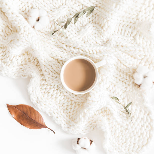 istock Autumn composition. Dried leaves, plaid, cup of coffee on white background. Autumn, fall, thanksgiving day concept. Flat lay, top view 1270181162