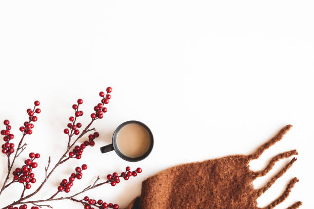 istock Autumn composition. Cup of coffee, plaid on white background. Autumn, fall concept. Flat lay, top view 1270181166