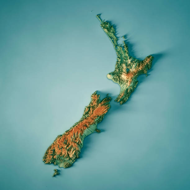 New Zealand Country 3D Render Topographic Map 3D Render of a Topographic Map of New Zealand.
All source data is in the public domain.
Color texture: Made with Natural Earth. 
http://www.naturalearthdata.com/downloads/10m-raster-data/10m-cross-blend-hypso/
Relief texture and Rivers: SRTM data courtesy of USGS. URL of source images: 
https://e4ftl01.cr.usgs.gov//MODV6_Dal_D/SRTM/SRTMGL1.003/2000.02.11/
Water texture: SRTM Water Body SWDB:
https://dds.cr.usgs.gov/srtm/version2_1/SWBD/ tasman sea stock pictures, royalty-free photos & images