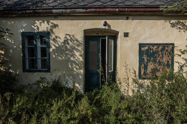 開いたドアと生い茂った古い家 - door open house facade ストックフォトと画像