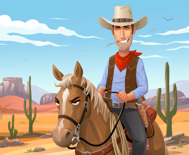 ilustrações de stock, clip art, desenhos animados e ícones de cowboy riding a horse in the desert - horseback riding illustrations