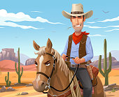 istock Cowboy Riding A Horse In The Desert 1270184700