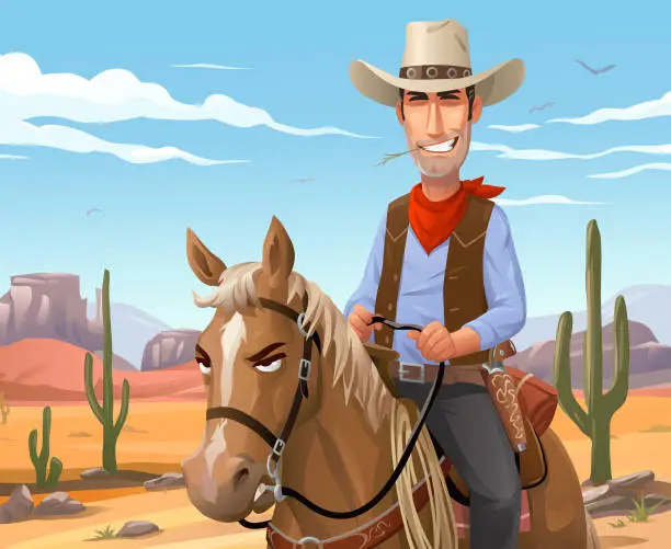 Vector illustration of Cowboy Riding A Horse In The Desert
