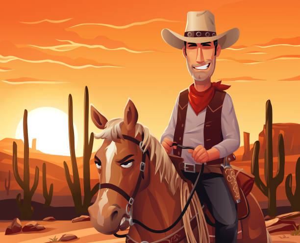 illustrations, cliparts, dessins animés et icônes de cowboy montant un cheval au coucher du soleil - éleveur