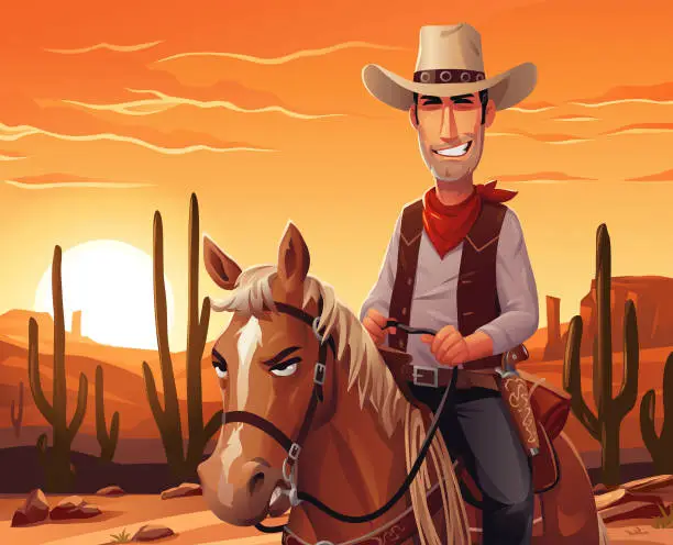 Vector illustration of Cowboy Riding A Horse At Sunset