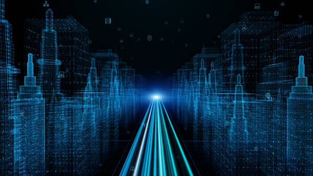 デジタルシティ、デジタルサイバースペース、粒子とデジタルデータネットワーク接続、5g高速接続データ分析プロセス抽象的な背景概念。 - high speed technology cable computer network ストックフォトと画像