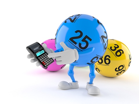 Lotto ball character using calculator isolated on white background. 3d illustration