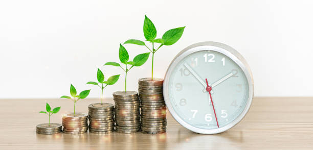 Green plant growing on coin stacking on a wooden table with a clock and a white background.Investment and saving concept. stock photo