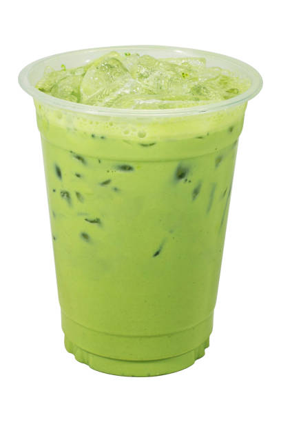 istock Realistic plastic cup on white background. Isolated Mock up Cold beaverage di cut with cliping path. Template block with blank space. Iced Matcha green tea with white milk and ice cubes. 1270188115