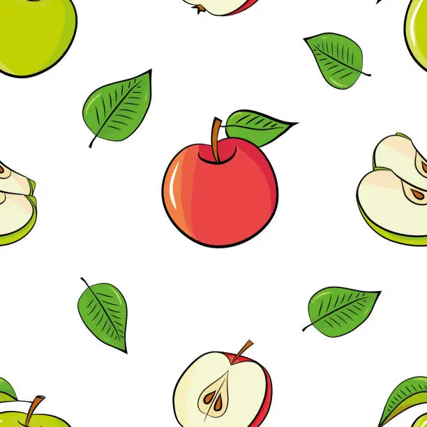 Vector illustration of Fruit seamless pattern with apples, pears, plumes and leaves