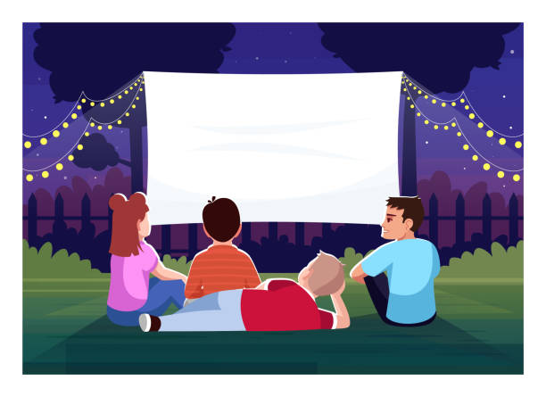 Backyard cinema for kids semi flat vector illustration Backyard cinema for kids semi flat vector illustration. Teenagers watch film together. Large blank screen for movie night. Children outside 2D cartoon characters for commercial use backyard background stock illustrations