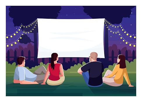 Backyard cinema watching semi flat vector illustration. Friends lounge in yard together. Large blank screen for weekend movie night. People outside 2D cartoon characters for commercial use