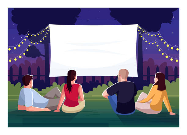 Backyard cinema watching semi flat vector illustration Backyard cinema watching semi flat vector illustration. Friends lounge in yard together. Large blank screen for weekend movie night. People outside 2D cartoon characters for commercial use movie-theater-exterior stock illustrations