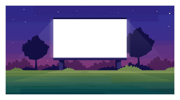 Open air cinema screen semi flat vector illustration Open air cinema screen semi flat vector illustration. Empty place for watching film outside. Public weekend entertainment space. Outdoors movie night 2D cartoon scene for commercial use movie-theater-exterior stock illustrations