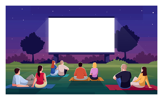 Open air cinema semi flat vector illustration. People sit on grass and watch film. Movie night outdoors in public park. Couples on date. Festival crowd 2D cartoon characters for commercial use