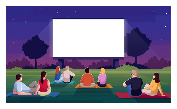 Open air cinema semi flat vector illustration Open air cinema semi flat vector illustration. People sit on grass and watch film. Movie night outdoors in public park. Couples on date. Festival crowd 2D cartoon characters for commercial use stage theater illustrations stock illustrations