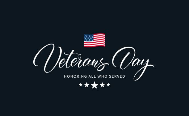 USA Veterans Day calligraphic inscription. Veterans day text with phrase "Honoring all who served". Hand drawn lettering typography design. USA Veterans Day calligraphic inscription. flag illustrations stock illustrations