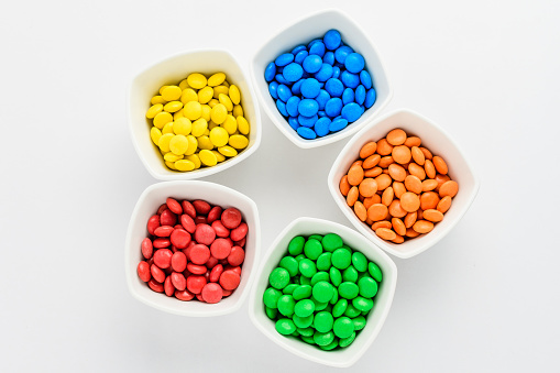 SONY DSCColorful fruity gummy bears in a small glass bowl, in front of a white background