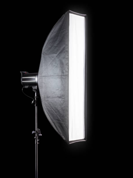 istock Photo studio lighting stands with flash and softbox isolated on the black. 1270192406