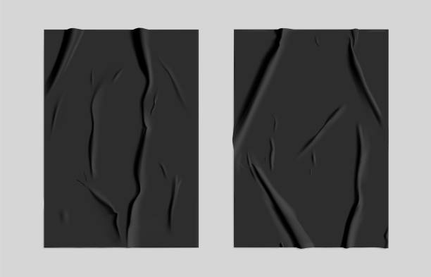 istock Black glued paper set with wet wrinkled effect on gray background. Black wet paper poster template set with crumpled texture. Realistic vector posters mockup 1270192648