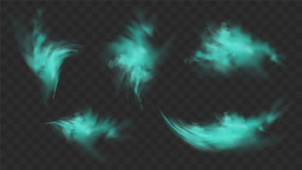 ilustraciones, imágenes clip art, dibujos animados e iconos de stock de conjunto de humo azul aislado sobre fondo transparente oscuro. nube de niebla mágica azul realista, gas tóxico químico, olas de vapor. ilustración vectorial realista - nebula