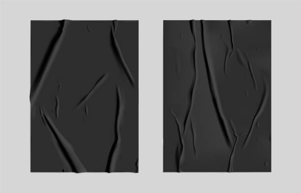 istock Black glued paper set with wet wrinkled effect on gray background. Black wet paper poster template set with crumpled texture. Realistic vector posters mockup 1270193233