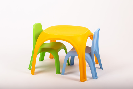 A set of plastic children's furniture for a children's room on a white background, shot in the studio