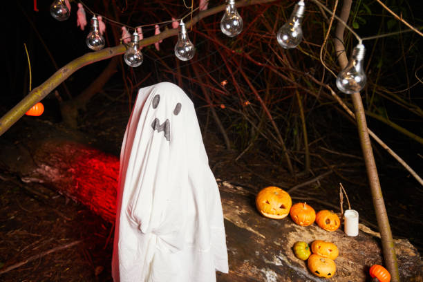 istock Child in ghost costume at party 1270193692