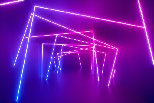 3d rendering of abstract background with ultraviolet neon lights, cosmic landscape, glowing lines on black background. purple, pink and blue colors.