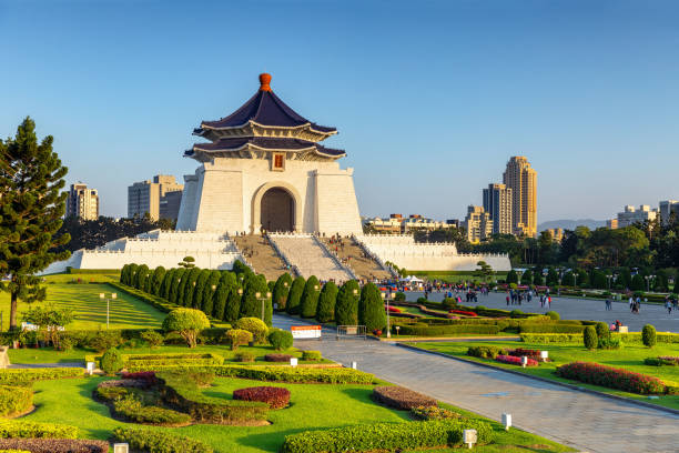 Chiang Kai-shek Memorial Hall in Taipei, taiwan. The translation of the Chinese characters on plaque is "chiang kai chek memorial hall" stock photo