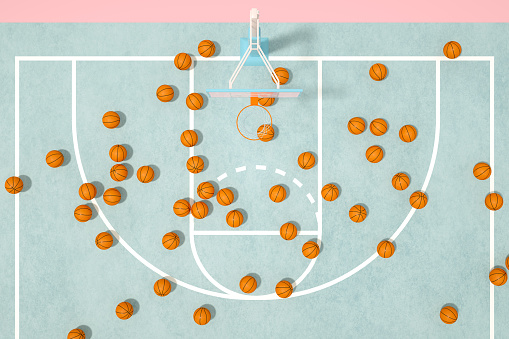 3d rendering of Basketball court with balls, aerial view.