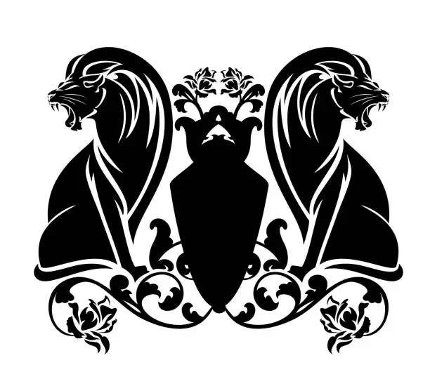 Vector illustration of black and white vector coat of arms with heraldic lions and rose flowers